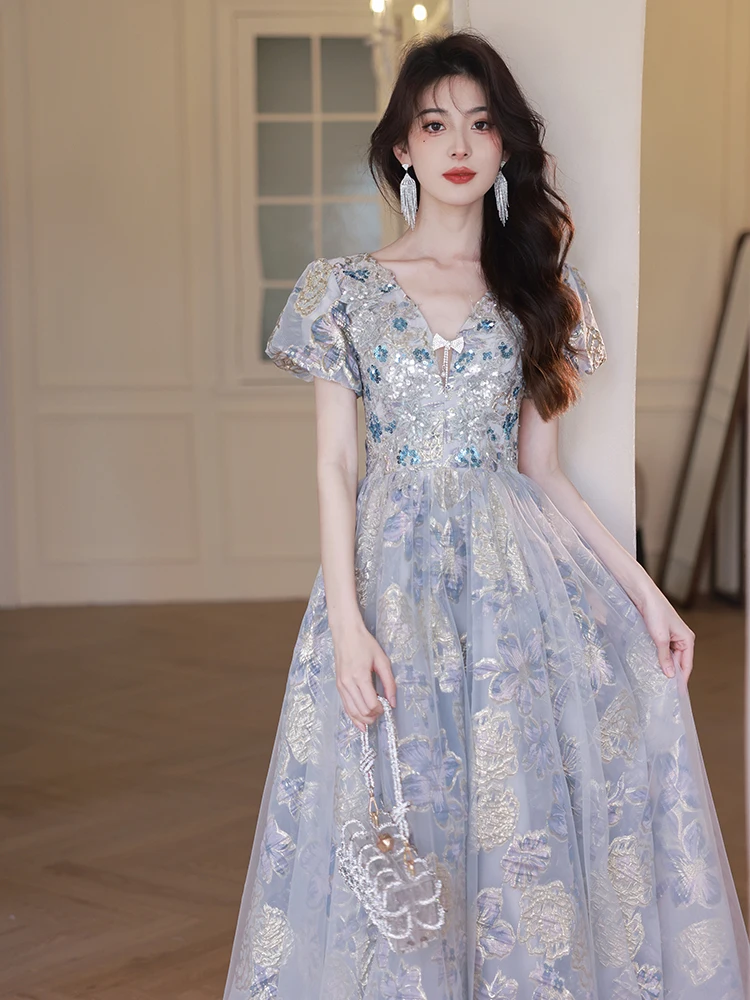 

Luxury Blue Formal Occasion Prom Dress Women Elegant Exquisite Sequin V-neck Appliques Floor-Length Birthday Prom Party Gown