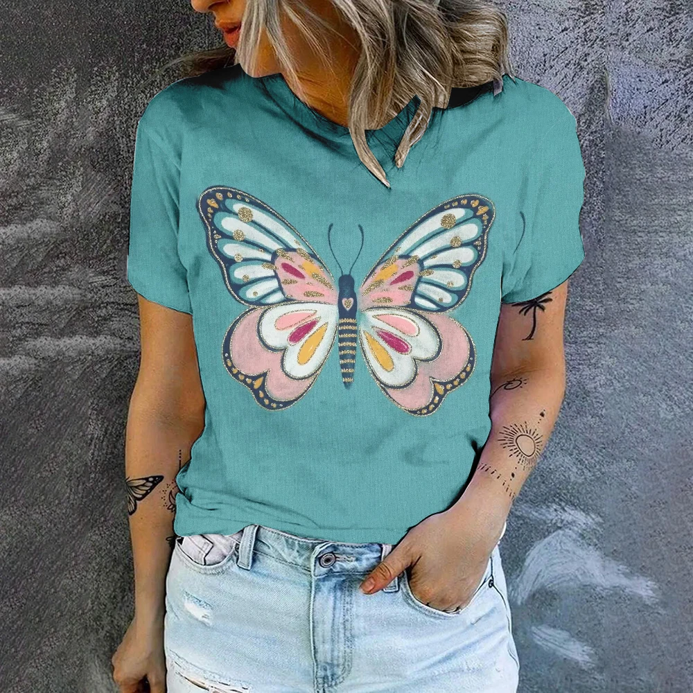 Elegant Butterfly Pattern Printed Women\'s T-shirt New Fashion Casual Loose Round Neck T-shirt Summer Breathable Comfort T-shirt