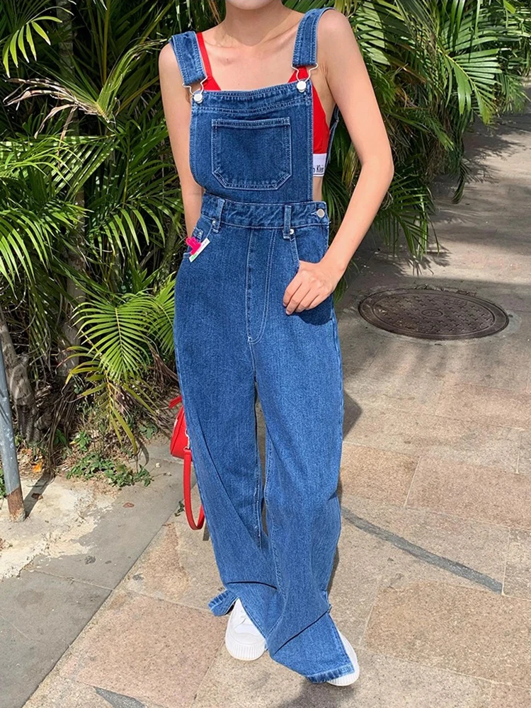 PBAP Vrouwen Denim Jumpsuit Solid Cleanfit Casual Losse Split Bib Pocket Verstelbare Bandjes Broek Algehele School Koreaanse Streetwear