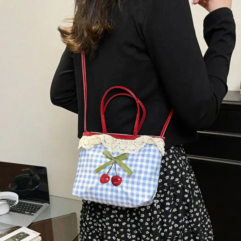 

Portable Polka Dot Lattice Cherry Handbag Lovely Bowknot Lace Plaid Handbag Commuting Leisure Sweet Crossbody Bag Travel