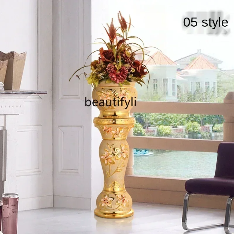 

European-Style Roman Pillar Living Room Decoration High-Grade Ceramic Gold Floor Vase Large Entrance Decoration Creative