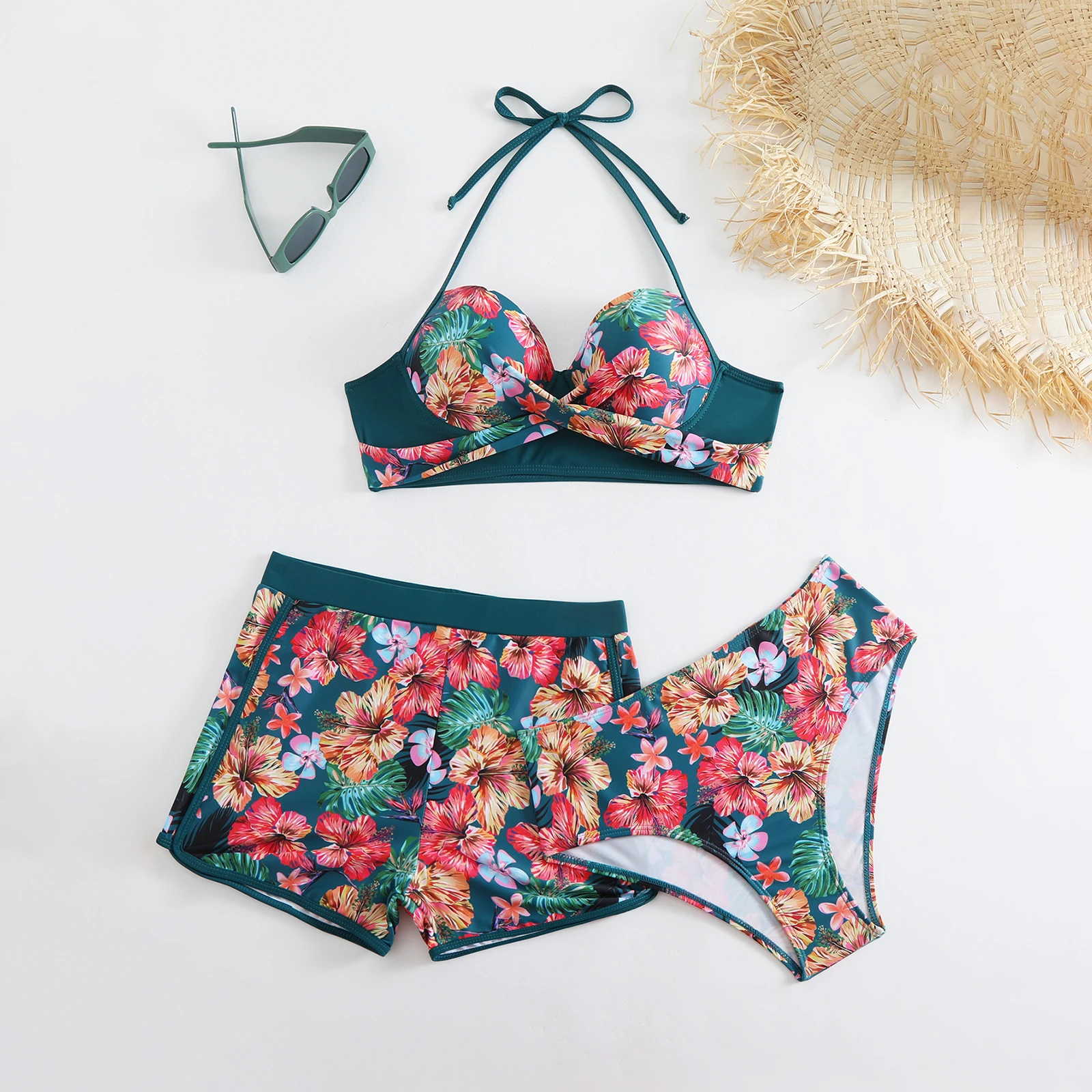Женский купальник с высокой талией, сексуальный пуш-ап, мягкий бикини с цветочным принтом и завязками, купальник из трех предметов, летний купальный костюм, пляжная одежда, бикини