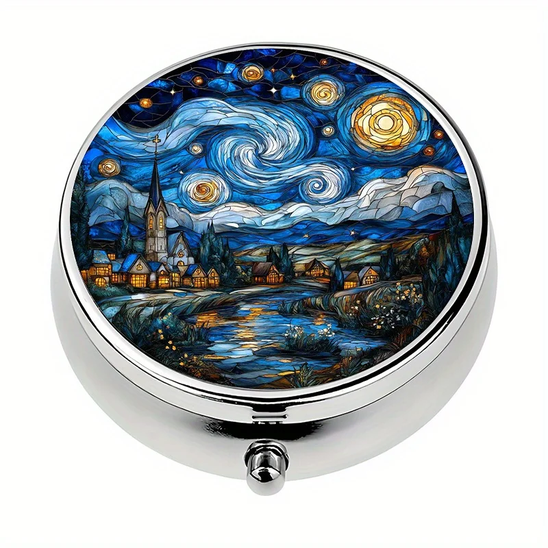 Single pack, 3-compartment pill box, starry sky portable pill box, pill organizer, decorative metal storage box for storing medicines and vitamins