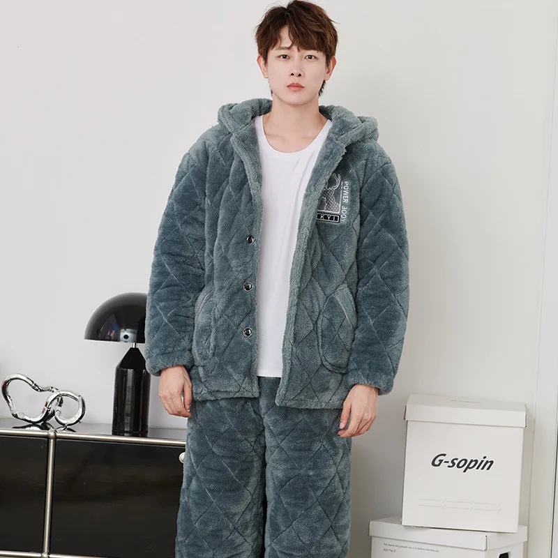 

Мужские пижамы, зимние утепленные флисовые трехслойные фланелевые домашние костюмы, теплая осенне-зимняя одежда для сна, мужские пижамы из кораллового флиса