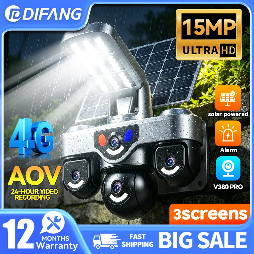 

New 15MP AOV Solar Security Camera Outdoor 4G Wireless Surveillance 3 Lens 3 Screen AI Auto Tracking Alarm 7/24H Recording CCTV