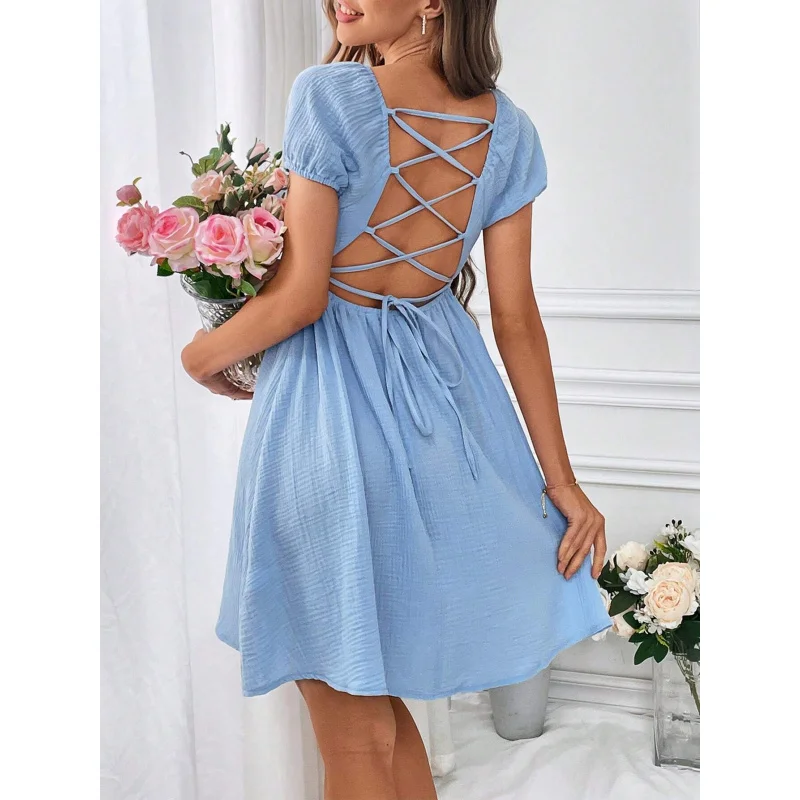 

YQ1-French Elegant Style Backless Square Neck Design Niche Mid-Range Dress for Women