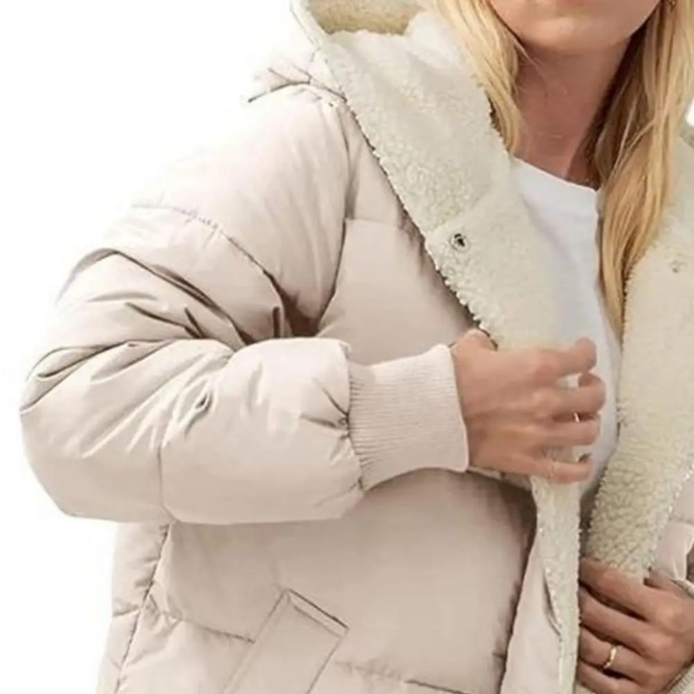 Winter Women Coat Thick Fleece Lining Windproof Zipper Closure Hooded Elastic Cuff Pockets Heat Retention Cardigan Down Jacket