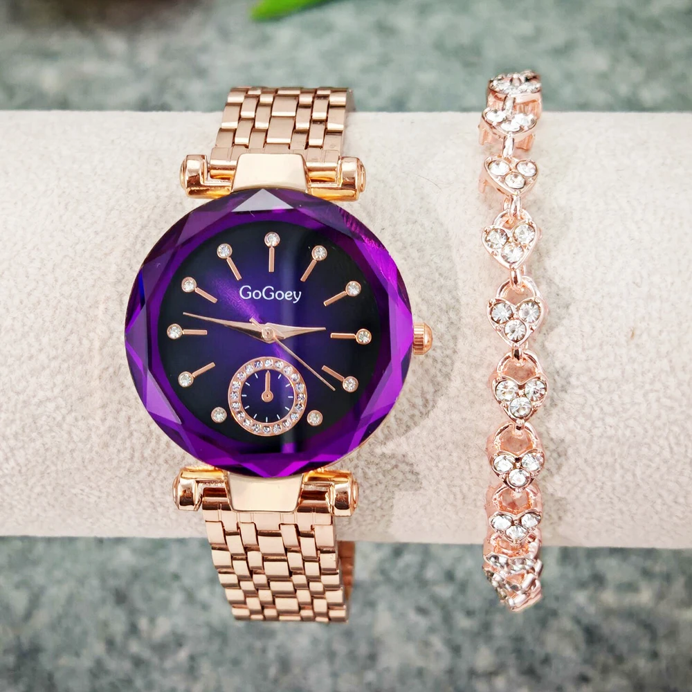 طقم ساعة كوارتز نسائية من الفولاذ المقاوم للصدأ ، سوار مجاني ، قلب المحيط ، ساعة ضيقة غير رسمية ، 2 *