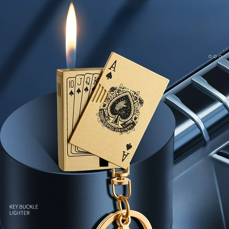Mini Poker Pattern Keychain Butane Gas Lighter with Side‑Slip Open Flame Ignition, Lightweight Outdoor Fashion Lighter