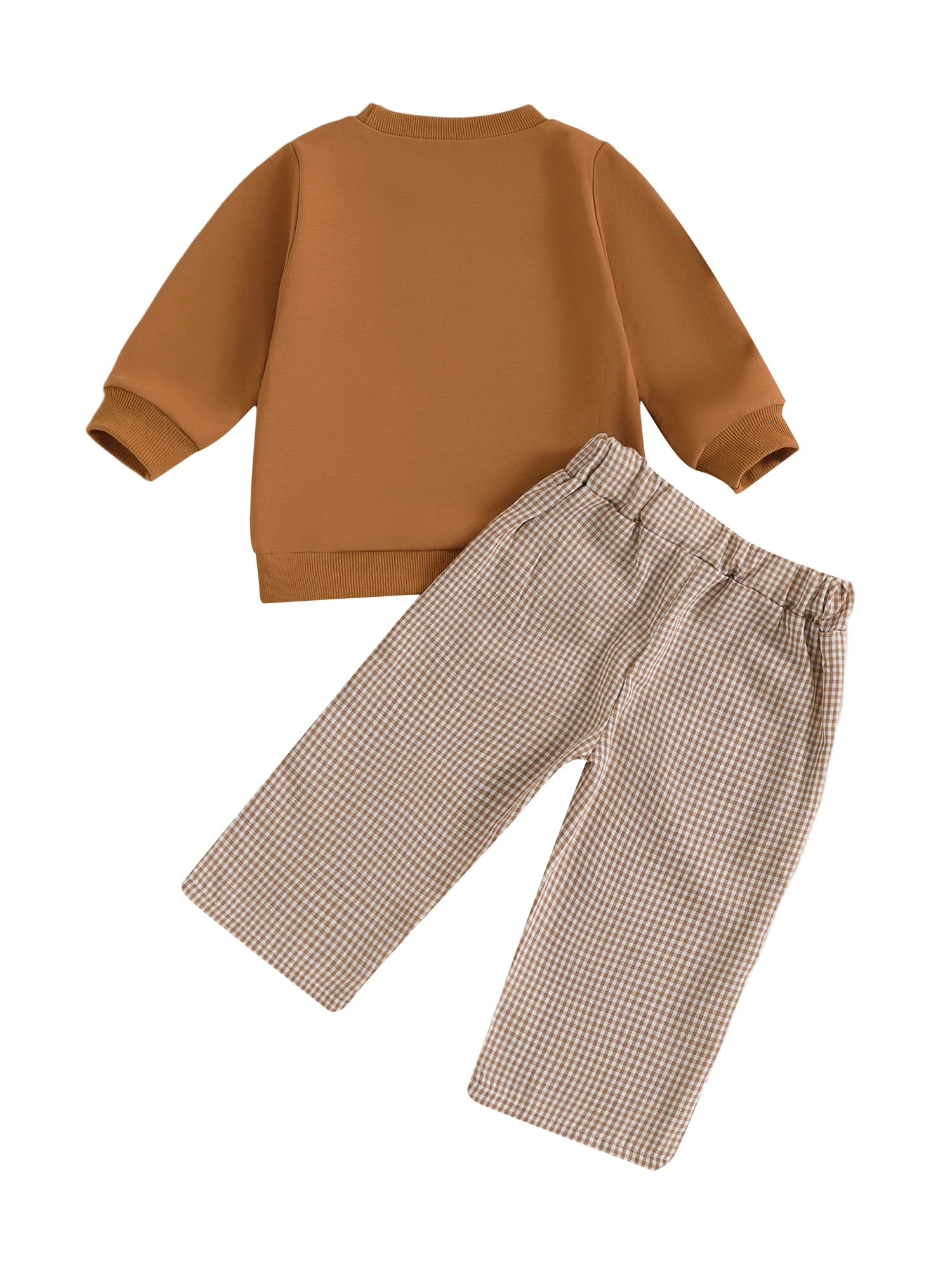 Adorable Toddler Boy Outfit with Cute Dog and Football Embroidery Long Sleeve Pullover and Elastic Waist Plaid Pants for Fall