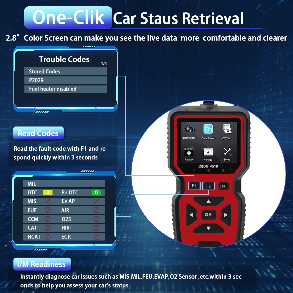 Car OBD2 Scanner Diagnostic Tool Code Reader, Car Voltage Tester Engine Fault Code Scanner, Charging Tester Diagnostic Tool 519