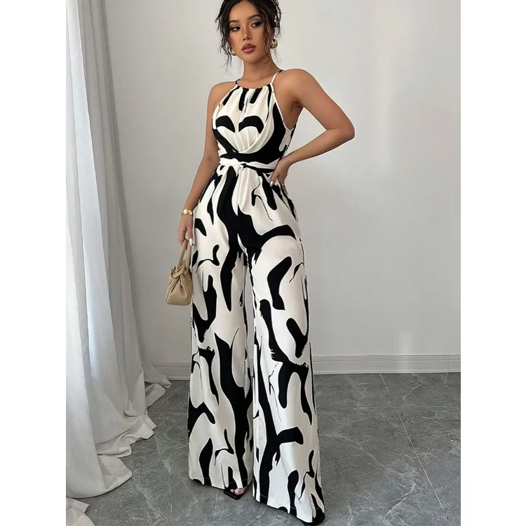 Zebra Pattern Suspender Jumpsuits-casual Holidays and Daily Commuting, Halter Neck Round Neck Sleeveless Wide-leg Jumpsuits