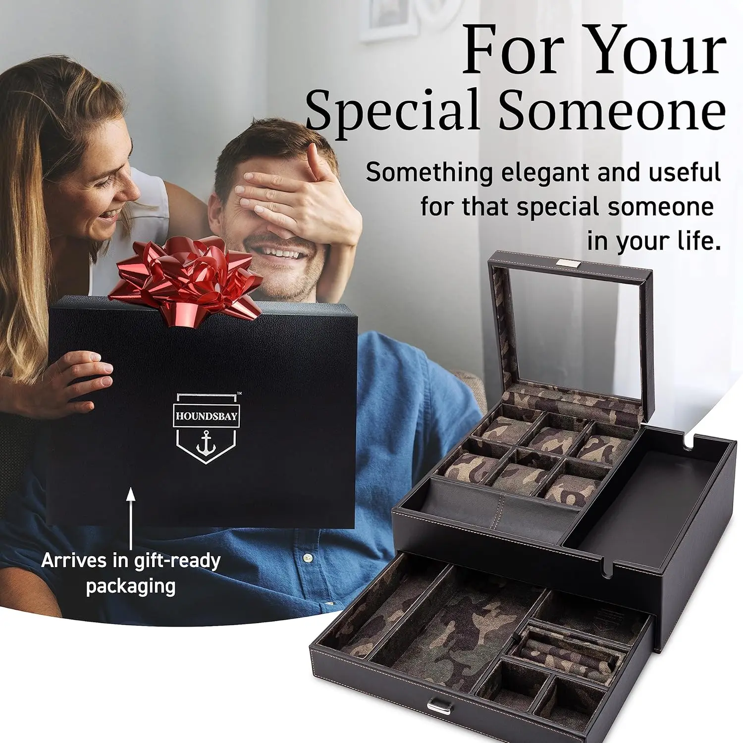 Commander Dresser Valet Watch Box Case, Cadeaux camouflage pour hommes, Organisateur de boîte à bijoux pour hommes