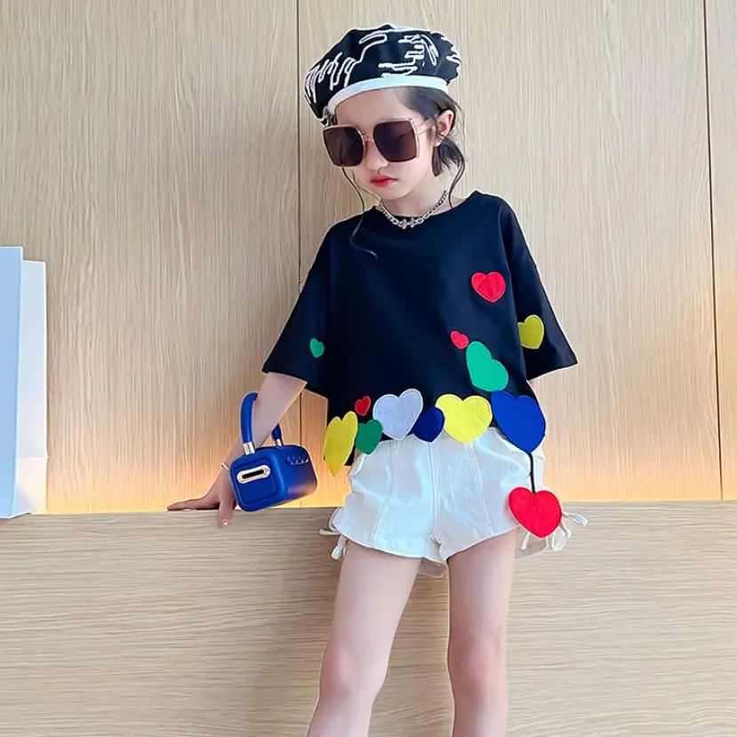 Girl Summer New Black T-Shirts Loves Patchwork Tops Short Sleeve Loose Tees Fashion Teenage Clothes T-Shirts 4-16 Years Wz1119