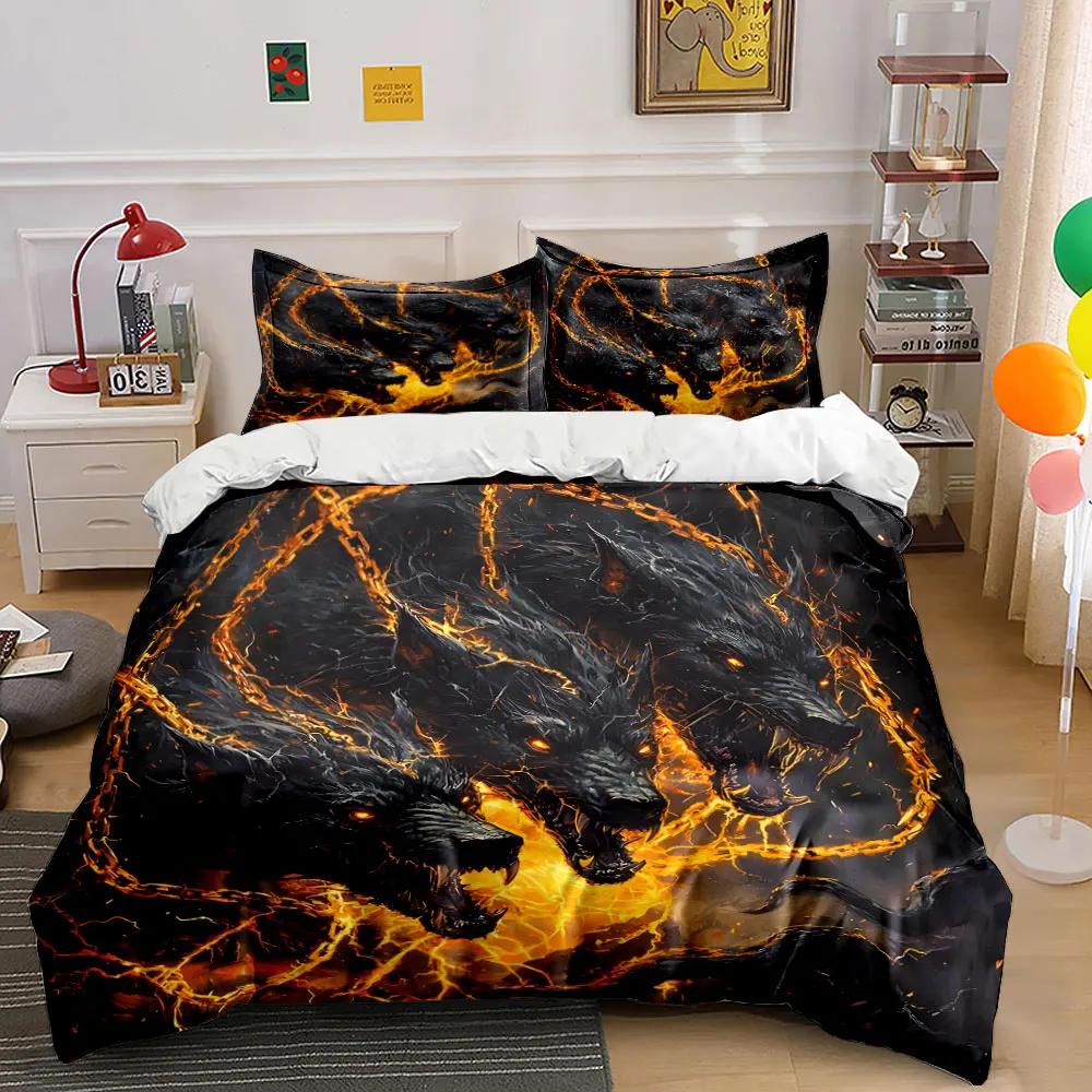 Three-headed black wolves with fiery chains Pattern Duvet Cover Set Digital Print Colorful Polyester Bedding with Zipper Closur