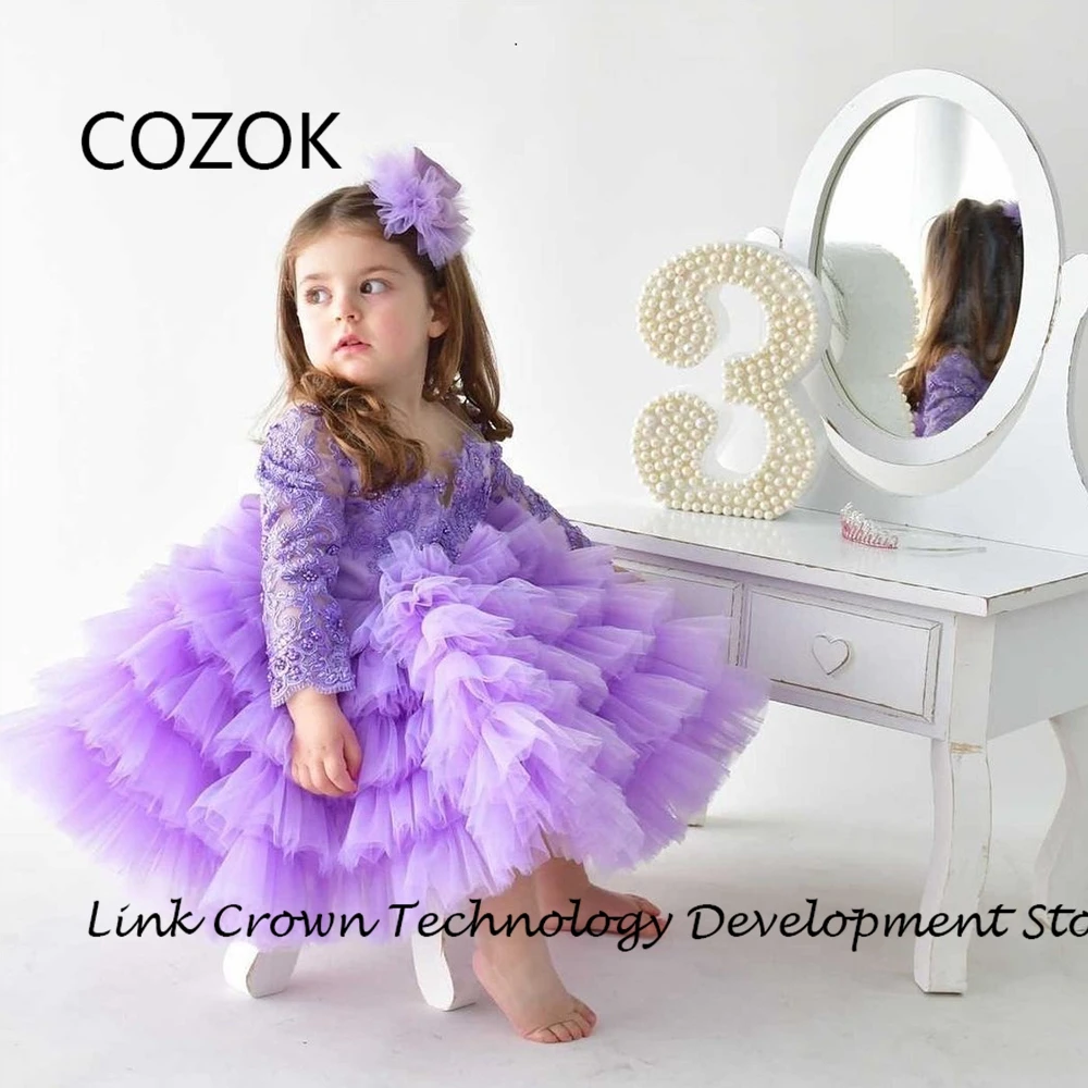 

COZOK Full Sleeve Purple Flower Girls Dresses with Sequined 2024 Summer Tiered Simple Christmas Dresses 2025 فستان عيد الميلاد