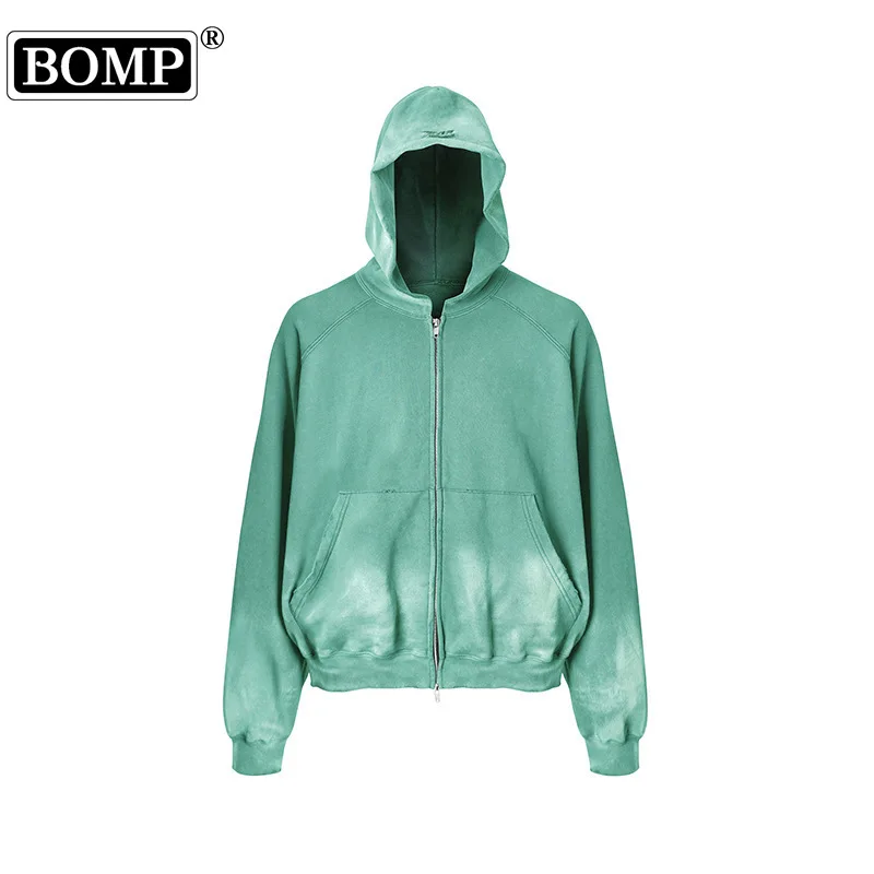 

[BOMP] 2024 Autumn Men American Style Washed Water Vintage Zipper Cardigan Hooded Sweatshirt Men's Trendy Jacket New Fashion