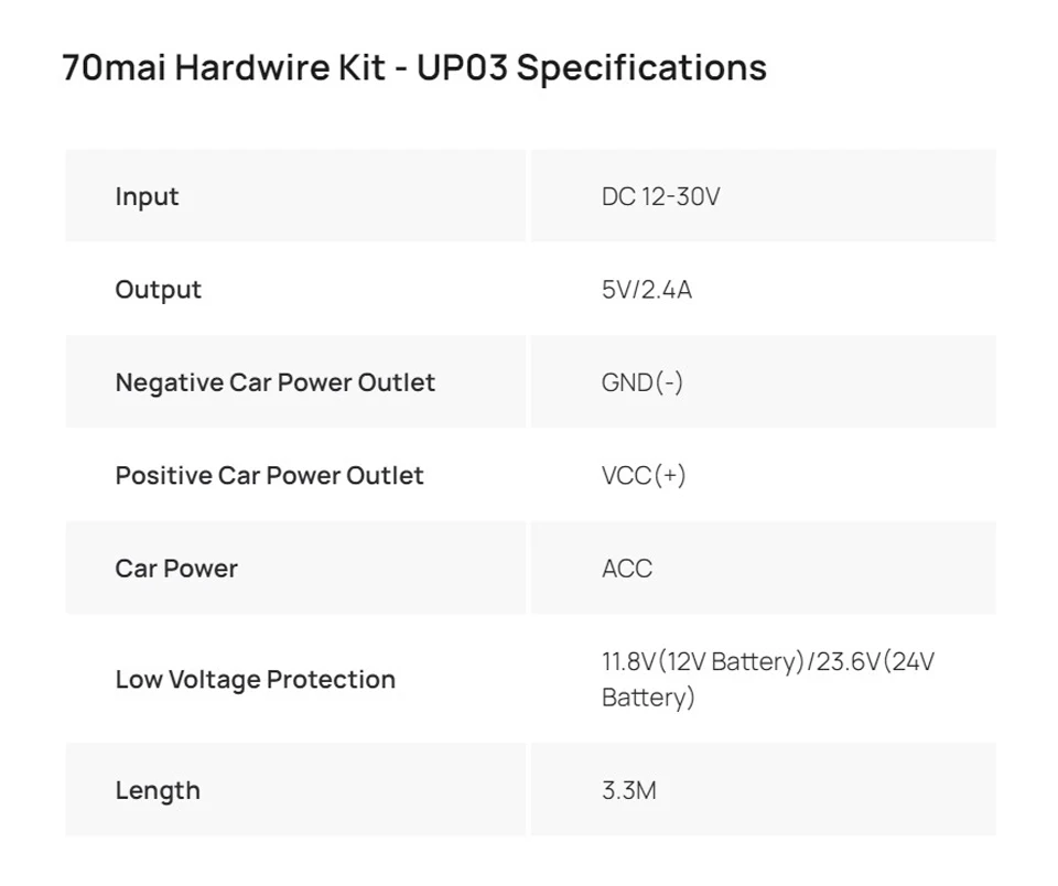 70mai Verstellbares Hardwire-Kit UP06, 70mai Hardwire-Kit UP03, Typ-C-Schnittstelle 24H Parküberwachung 70mai UP03 70mai UP06 – Detail 11