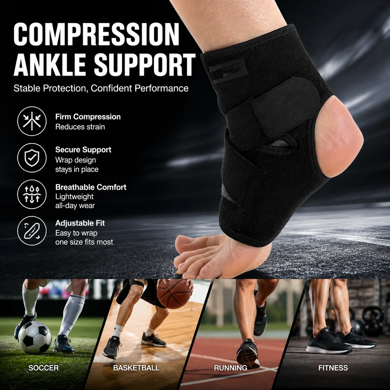 Dynamic Compression Ankle Brace Breathable Nylon Spandex Support wraps Sleeve adjustable Strap for Men and Women