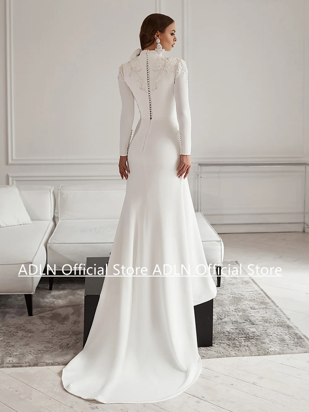 فستان زفاف عربي برقبة عالية وأكمام طويلة مخصص مطرز بالخرز مزين بالصعود العربي حورية البحر فستان زفاف رداء De Mariage