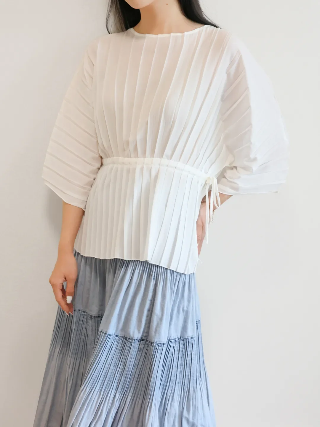 Fold Miyake Pleated Blouse Women Solid Half Sleeve Drawstring Waist 2026 Spring Summer Loose Top Lightweight Comfy Chic Daily