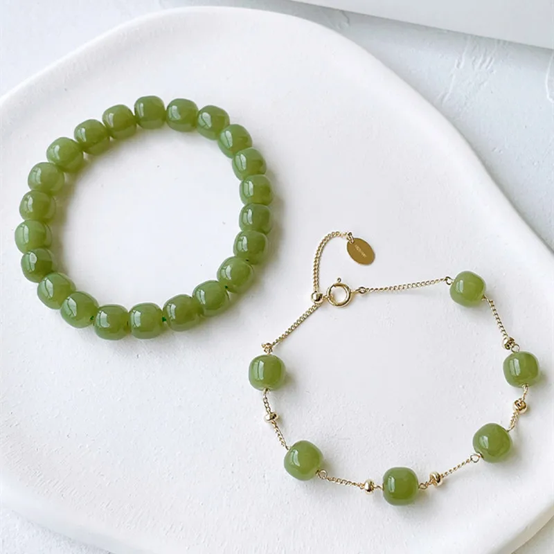 

Hetian Jade 9x10mm Lake Green 14K Gold-Plated Old Style Bead Bracelet
