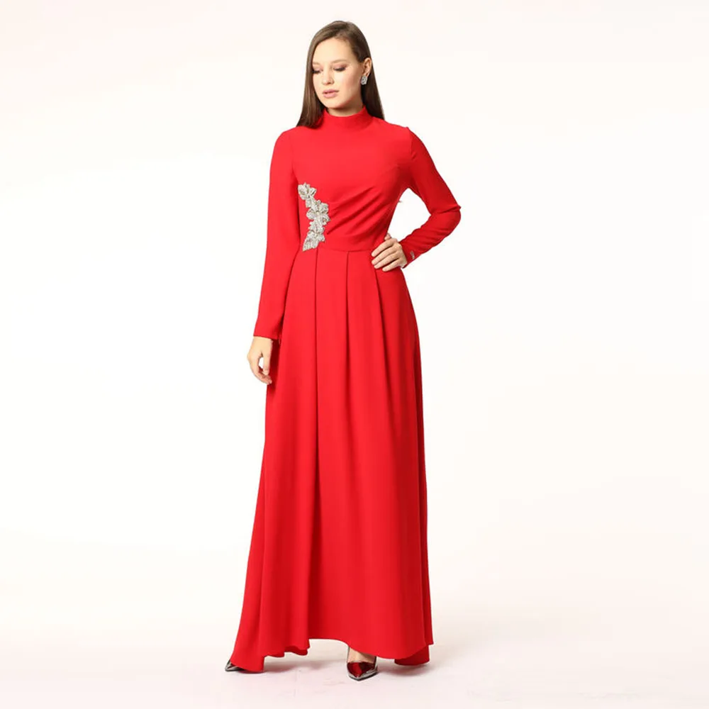 

Elegant A Line Red Women's Evening Dress For Wedding Ankel Length Prom Dress Long Sleeves Beading Saudi Dress Formal Party Gown