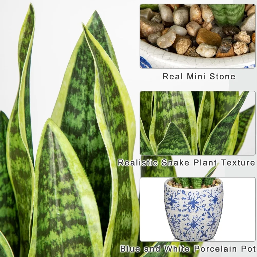 نبات الثعبان الاصطناعي في وعاء أزرق أبيض، 15.7 بوصة من Sansevieria لديكور المنزل والمكتب هدية الانتقال لمنزل جديد #3
