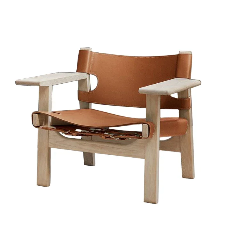 Living Room Leisure Chair, Nordic Solid Wood Single Chair,Spanish Hunting Chair, Designer Saddle Leather Chair