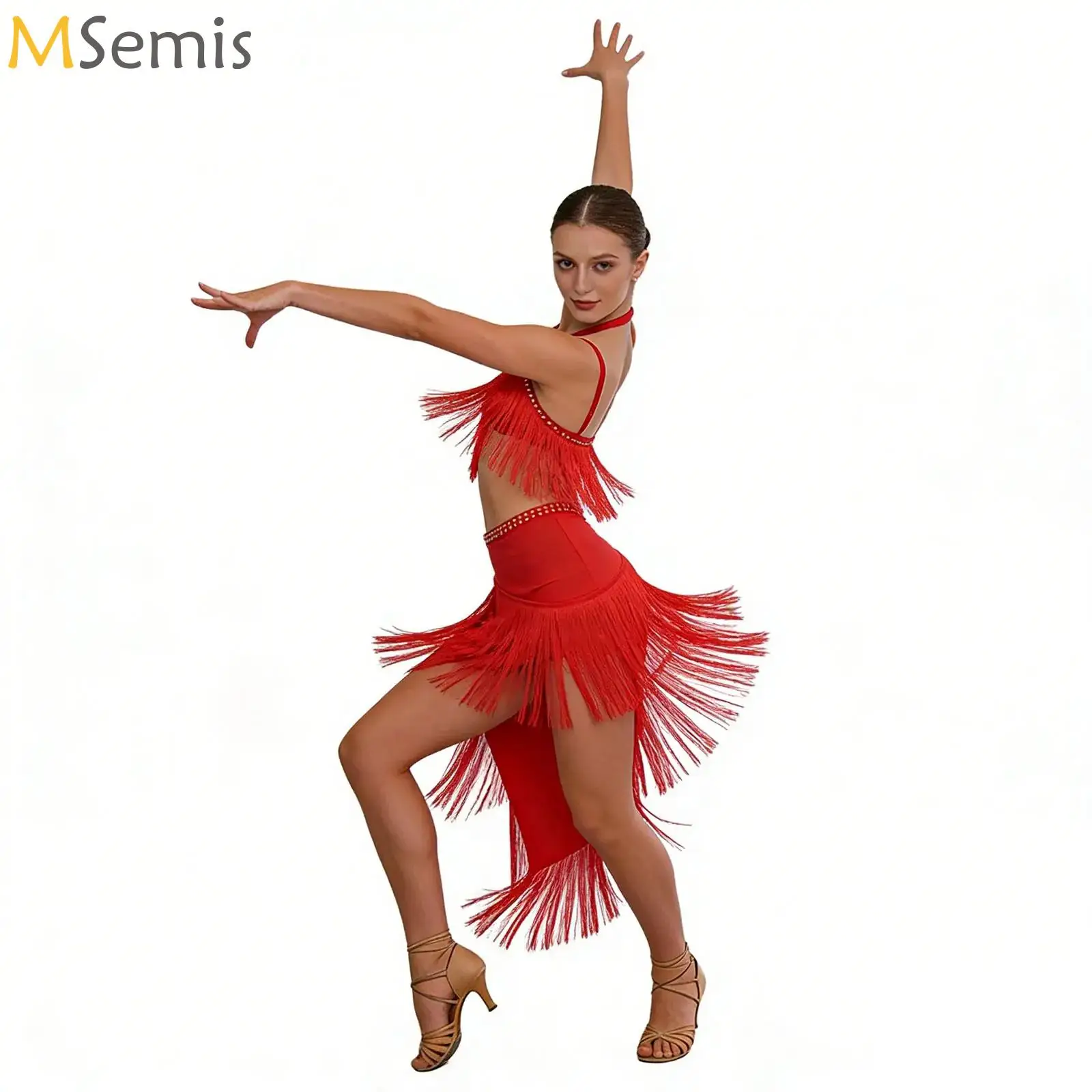 

Womens Latin Tango Fringed Dance Outfit Halter Sleeveless Camisole and Tiered Tassel Skirt for Belly Dance Cha-cha Rumba Proms