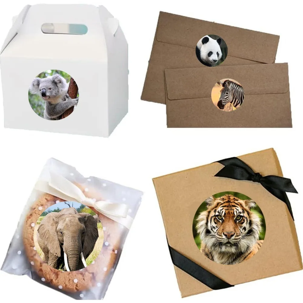 500 uds/rollo de pegatinas de animales, pegatinas de tigre, pegatinas de León, pegatinas de Panda, 8 tipos diferentes de pegatinas de animales