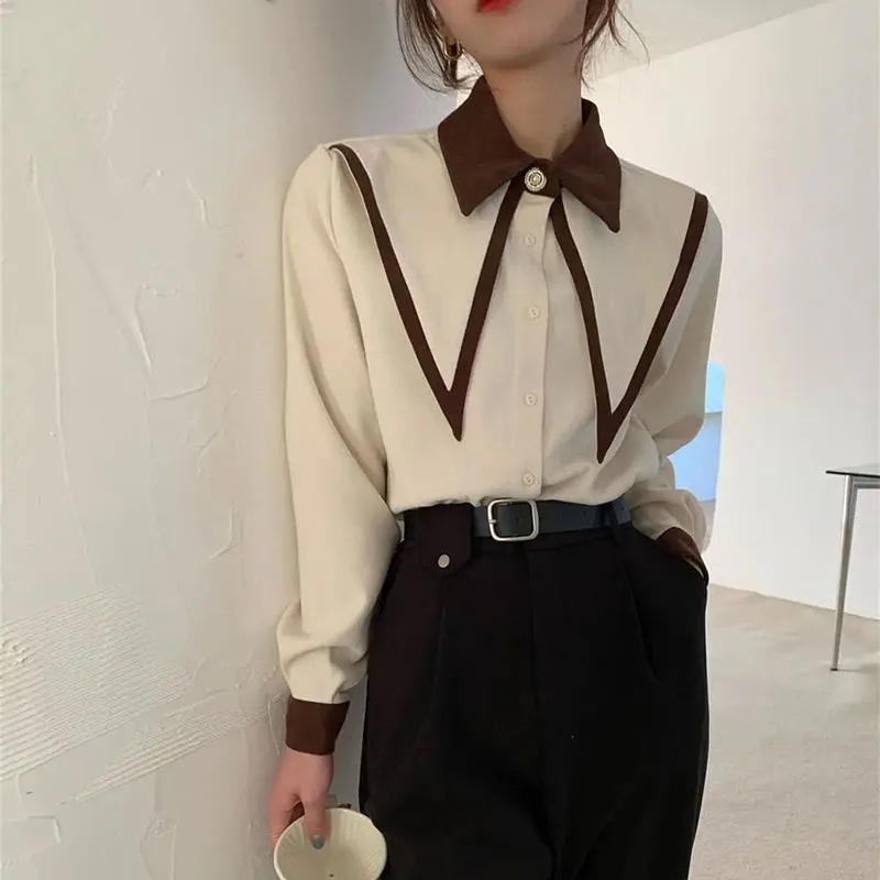 Lucyever Korean Office Lady Blouses Vintage Patchwork Long Sleeve Chiffon Shirts Women Elegant Turn Down Collar Loose Blusas Top