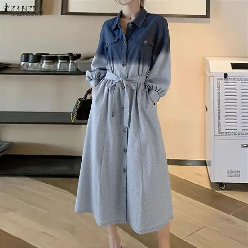 

Длинное платье-рубашка ZANZEA для женщин, с градиентным принтом, миди, с длинным рукавом, для вечеринок, с поясом, повседневное, свободное, 2026, модное