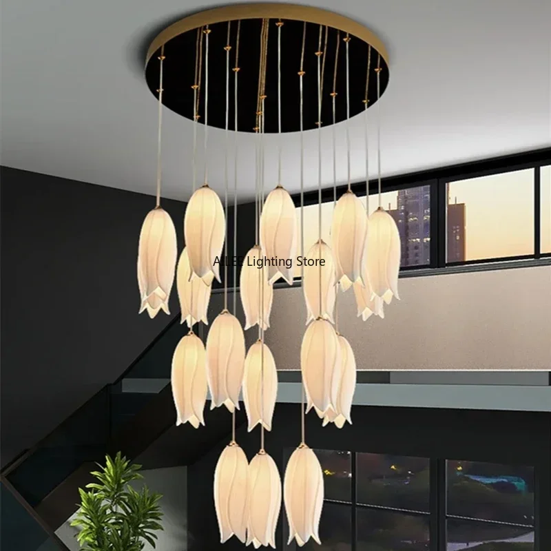 Nordic Ceramic Tulip Staircase Chandelier Multi-Head Pendant Lamp Villa Bedroom Bedside Restaurant Hotel Duplex Building Light