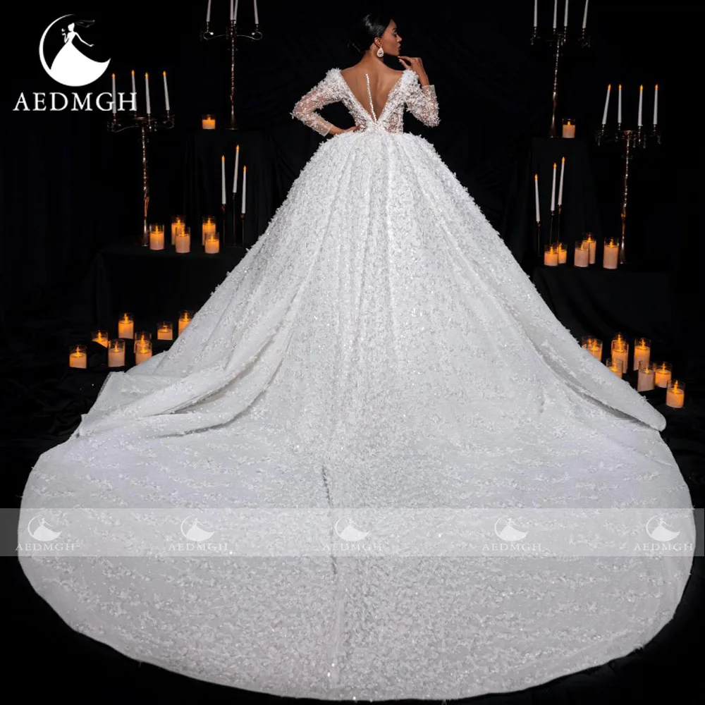 Aedmgh robe De bal robes De mariée De luxe col en v Vestido De Novia dentelle perlée paillettes princesse royale robes De mariée sur mesure