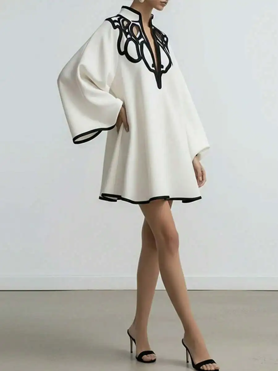 

White Mini Dress With Stand Collar Flared Sleeves And Black Contrast Embroidery For Evening Formal Events