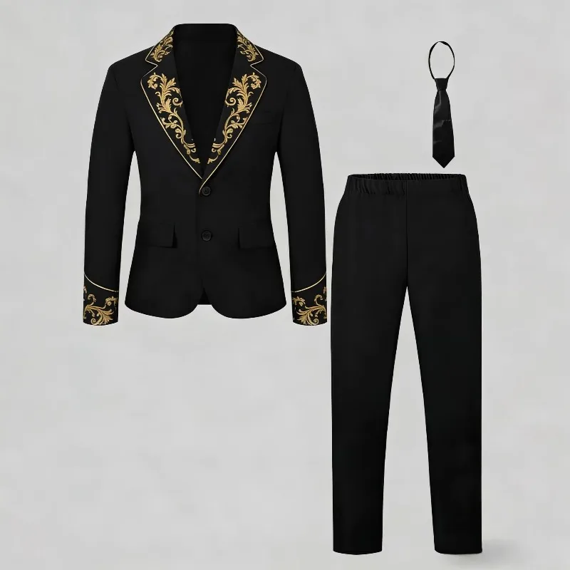 OLEKID 2026 Autumn Children Suits Set Gold Embroidered Blazer+tie+pants 3Pcs Clothes Set 8-12Yrs Boys Host Performance Costume