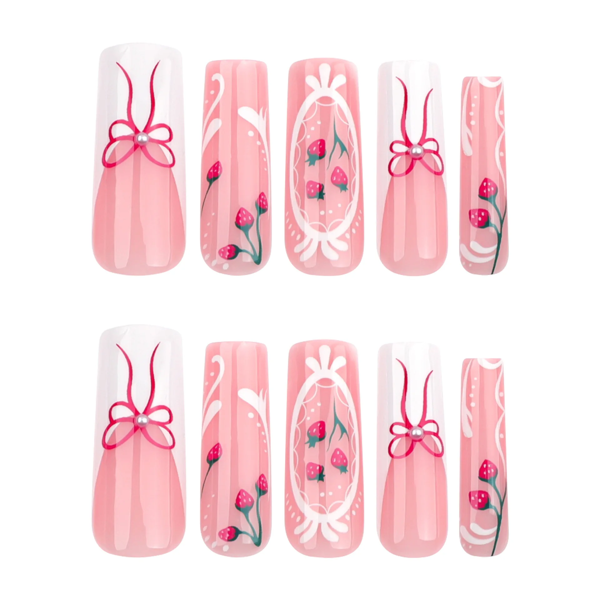24pcs Sweet Girl Falso Prego Dicas Brilhante Rosa Branco Estilo Francês Imprensa Em Prego Com Stawberry Bowknot Impresso Bailarina Manicure