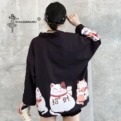 9 estilos japonês kimono com guindaste gato, casaco feminino kimono solto cosplay, casaco casual yukata roupa asiática