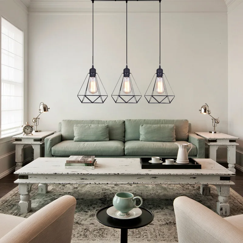 Vintage Simple Iron Line Art Pendant Light Diamond-shaped Bar Counter Hotel LED Haning Ceiling Lamps Popular Indoor Lighting E27