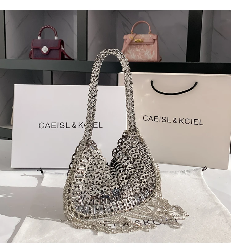 Luxury Designer Glitter Tassel Handbag Shiny Sequined Woven Handmade Evening Bag Wedding Party Clutch Purse Women Crossbody Bag