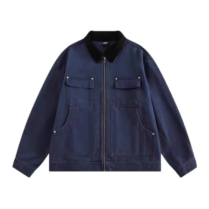 American Retro Color Block Collar Zipper Jacket for Men 2026 Autumn New Casual Loose Multi Pocket Cargo Jackets Coat Streetwear