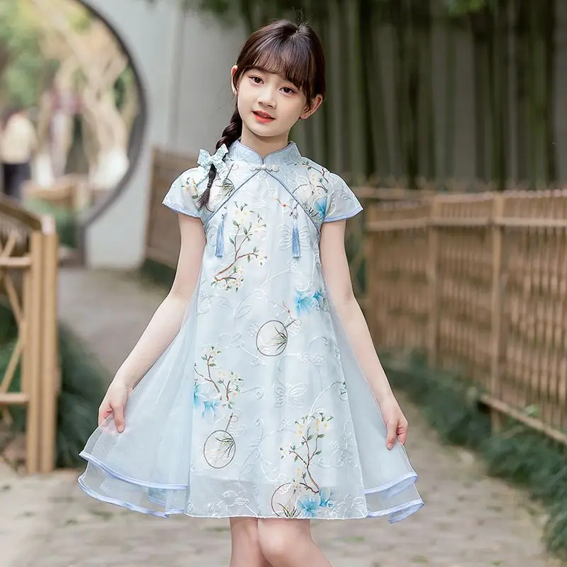 Summer Dresses Styles Cheongsams for Girls Traditional Chinese Embroidery Chiffon Qipao Dress for Children Tang Suit Costumes