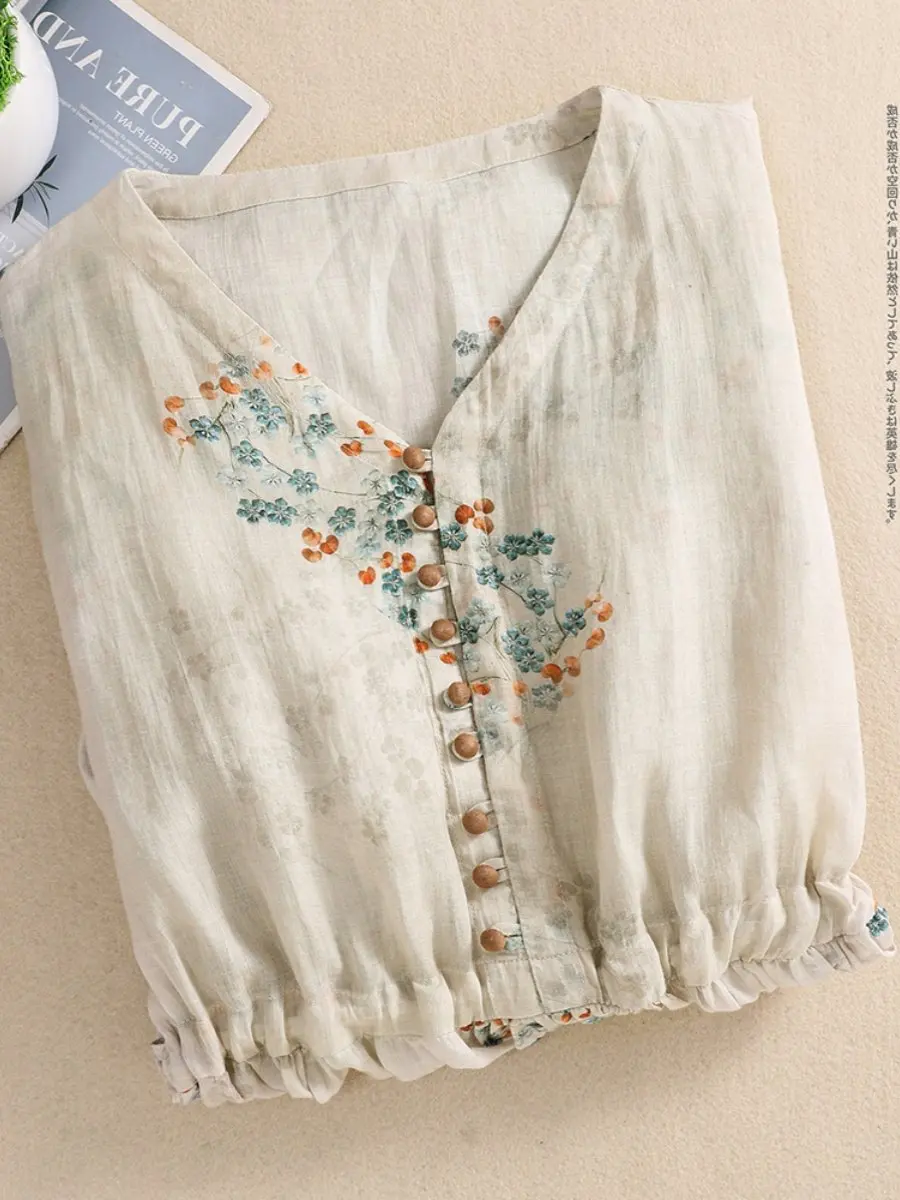 Letnia moda, sukienka z krótkim rękawem w stylu vintage z bawełny i lnu z kwiatowym nadrukiem dla kobiet, elegancka sukienka z dekoltem w serek, idealna na wakacje na plaży, odzież damska.