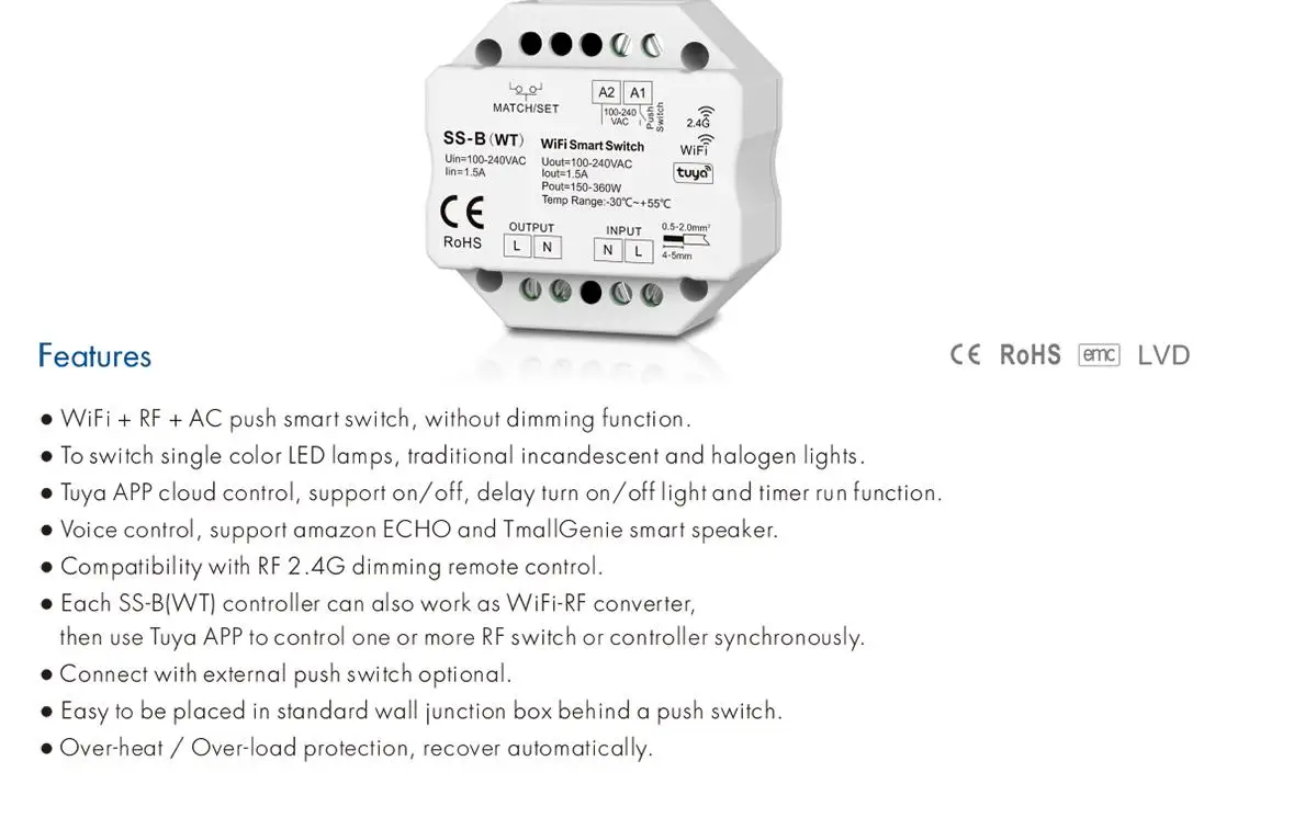 Obrázek 4: SS-B 1.5A rf+push spínač SS-B(WZ) 1CH*1.5A zigbee/rf strčit spínač SS-B(WT) wifi/rf strčit spínač