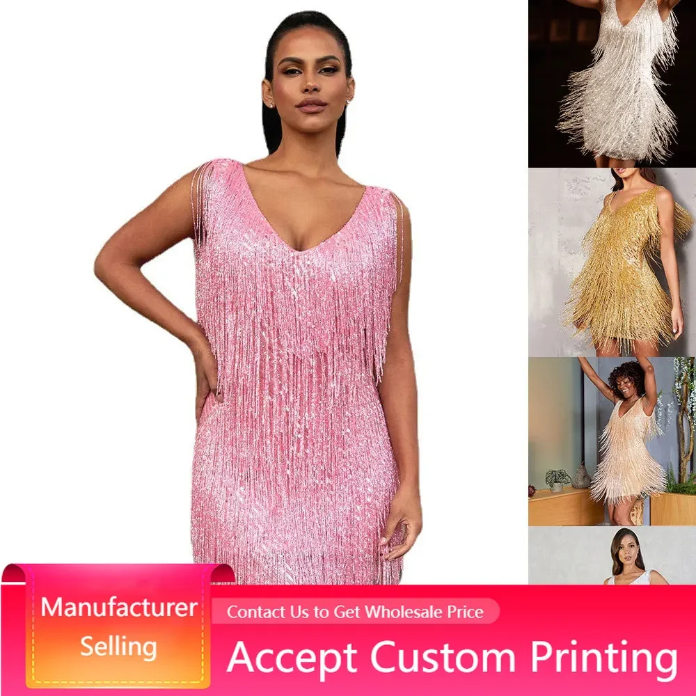 

Women Sleeveless Dress Tassel Sequins Sleeveless Glittering and Attractive Evening Dress V Neck Backless Pencil MINI Dress