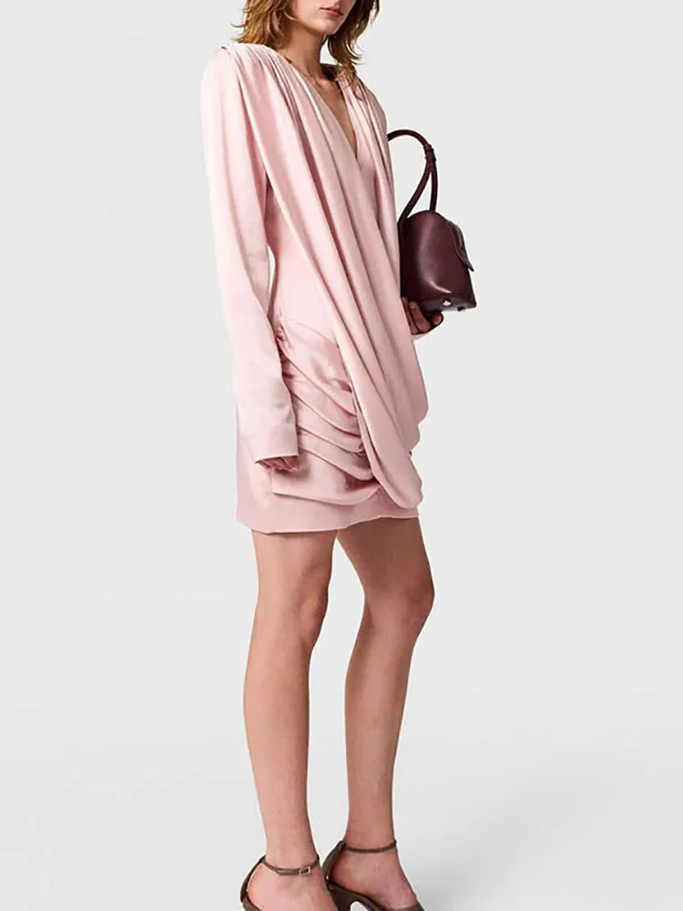 เดรสสั้นสไตล์มินิสำหรับฤดูใบไม้ผลิและฤดูใบไม้ร่วง  ผ้าซาตินจีบ  แขนยาว  สีพื้น  เหมาะสำหรับใส่ไปทำงานหรือไปงานปาร์ตี้