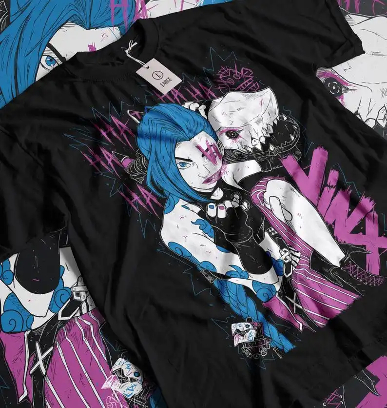 Jinx Arcane T-Shirt Japanese Anime Cartoon Jinx Arcane Graphic Black Shirt All Size