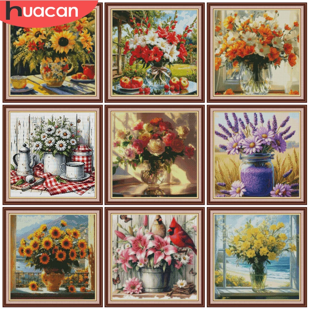 HUACAN Kreuzstich-Gänseblümchen-Stickerei-Sets Sonnenblume Rose Blumenmuster 11CT Gemälde Wanddekoration Handarbeit