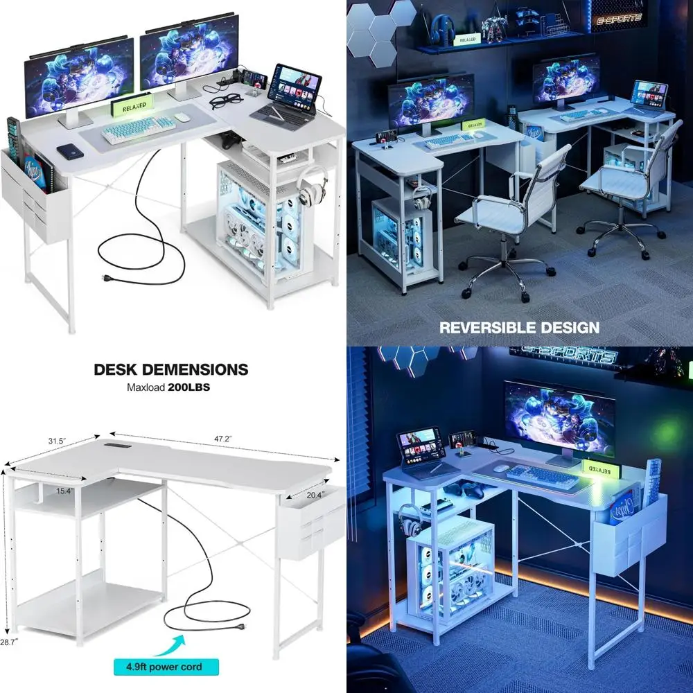 مكتب ألعاب على شكل حرف L مقاس 48 بوصة مع منافذ طاقة وأرفف قابلة للعكس وتخزين لمكاتب ركن الكمبيوتر #1